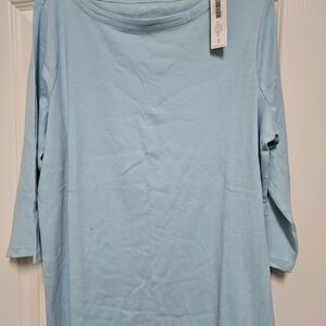 Chicos Blue Piper Boat Top, 3/4 Sleeves.